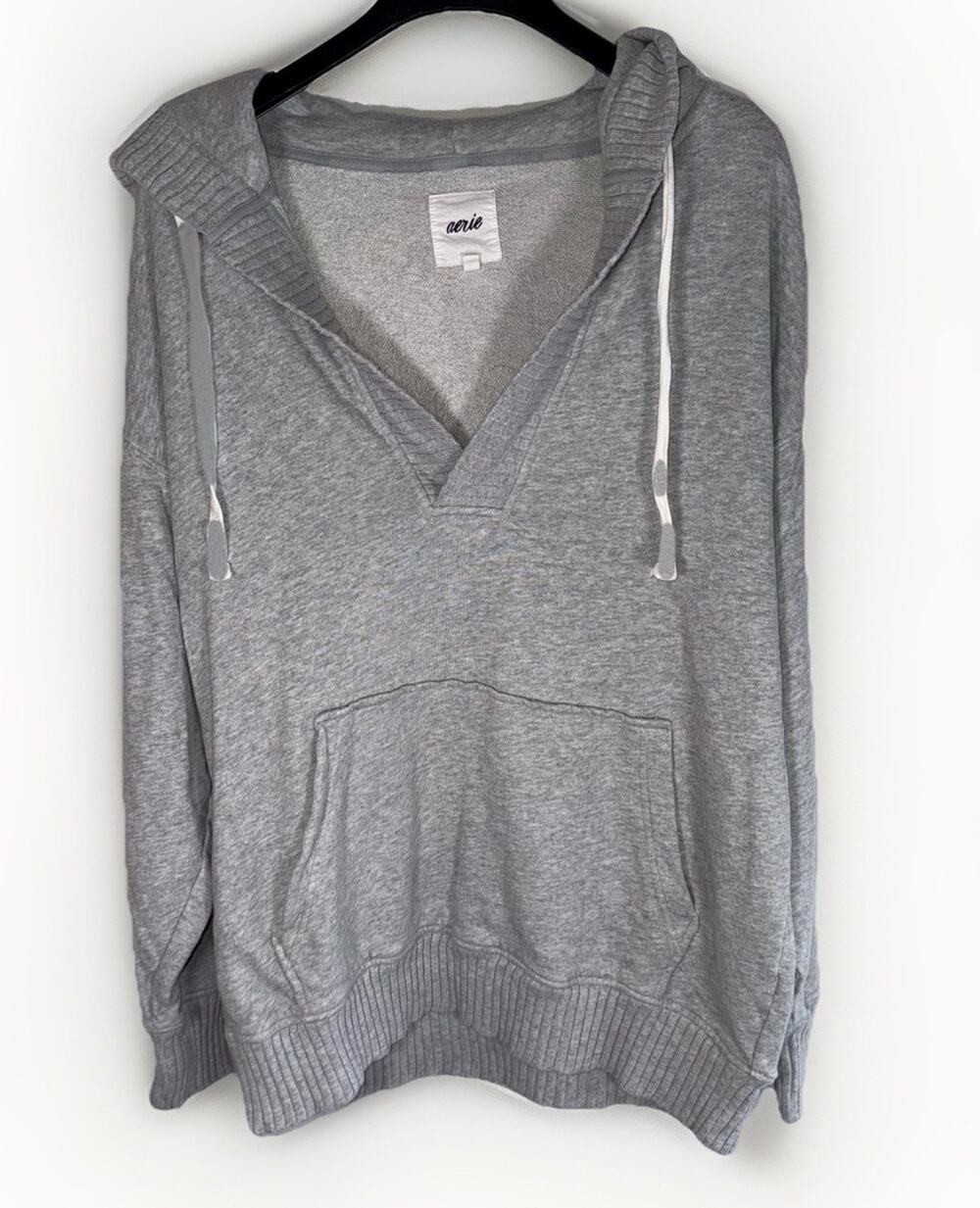 Aerie Down To Earth Heather Gray Deep V Oversized Relax Fit Hoodie Sweatshirt M